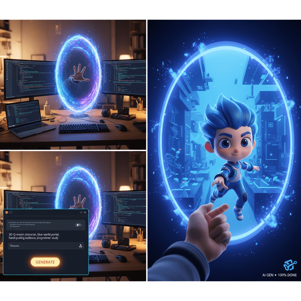 "Portal de Cruzamento de Personagens: personagem 3D estilo Q puxa o espectador para um mundo vibrante, misturando geração de IA com um cenário de p…
