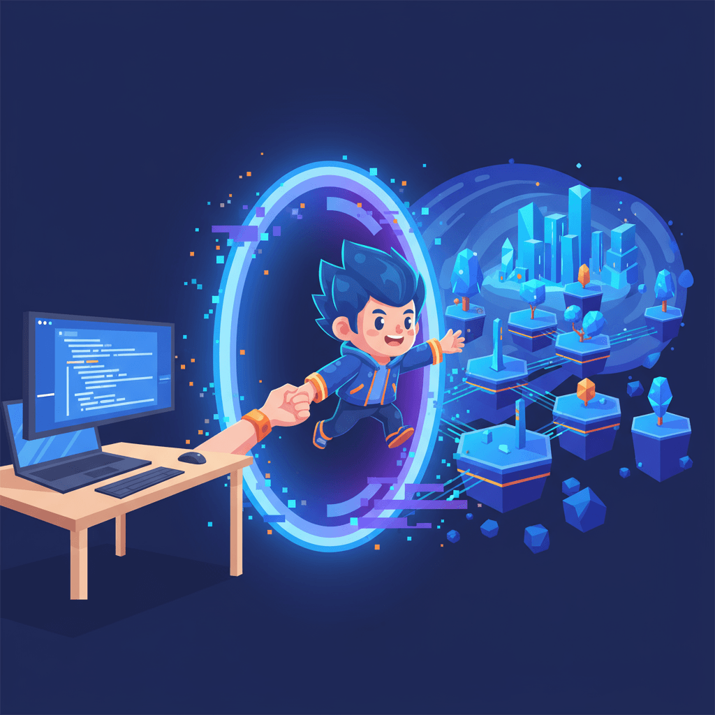 Personagem 3D estilo Q puxa o espectador para um portal vibrante, conectando um escritório de programador e um mundo digital dinâmico. IA 3D_convert.