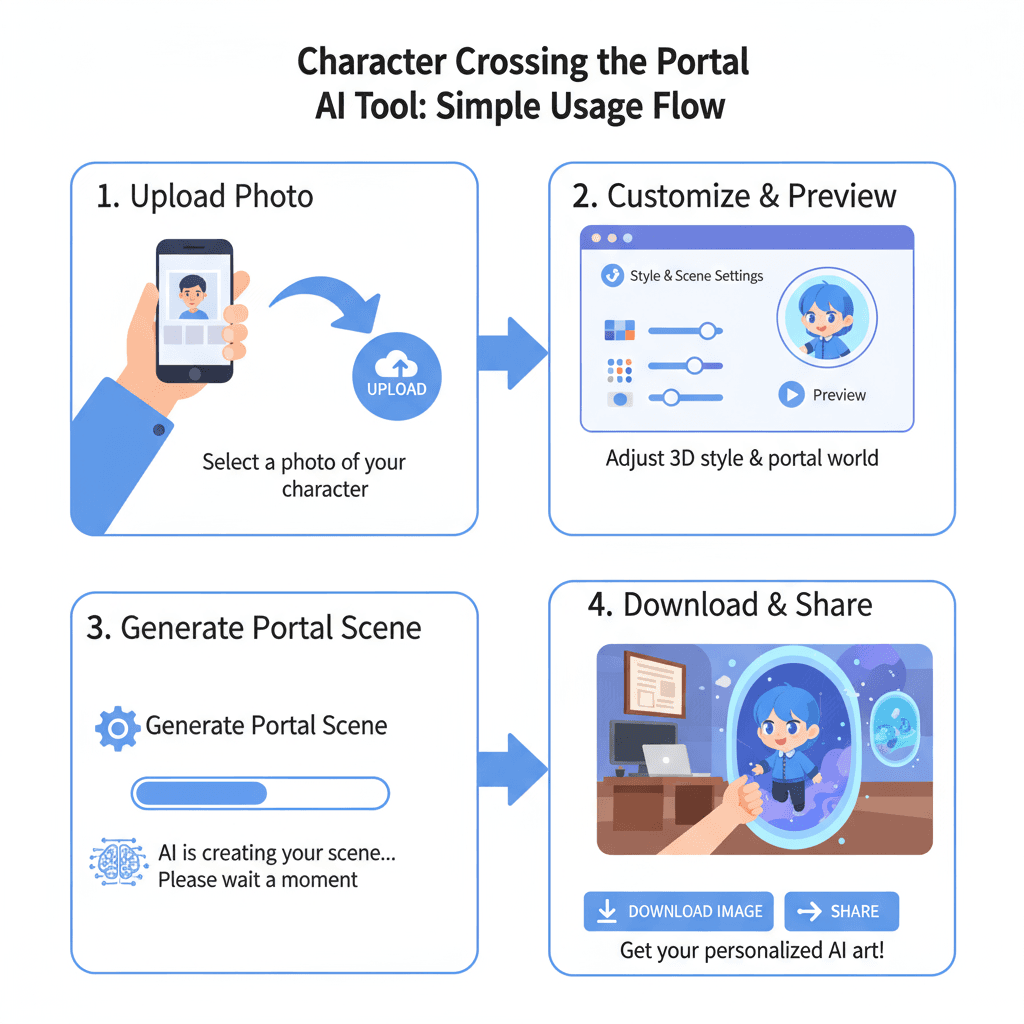 Passos de uso para uma ferramenta de IA: Um personagem 3D estilo Q puxa o espectador para seu mundo vibrante a partir de um escritório de programador.