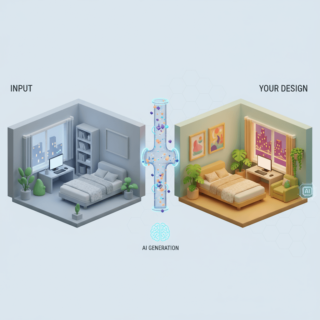 个性化房间设计,AI生成的3D风格房间,包含床、书架、沙发、绿植和电脑桌,城市夜景背景。