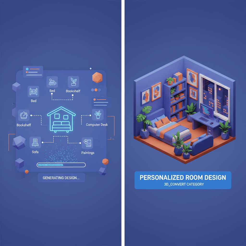 个性化房间设计,展示床、书架、沙发、绿植和电脑桌,夜景窗外,使用3D转换AI工具,C4D渲染