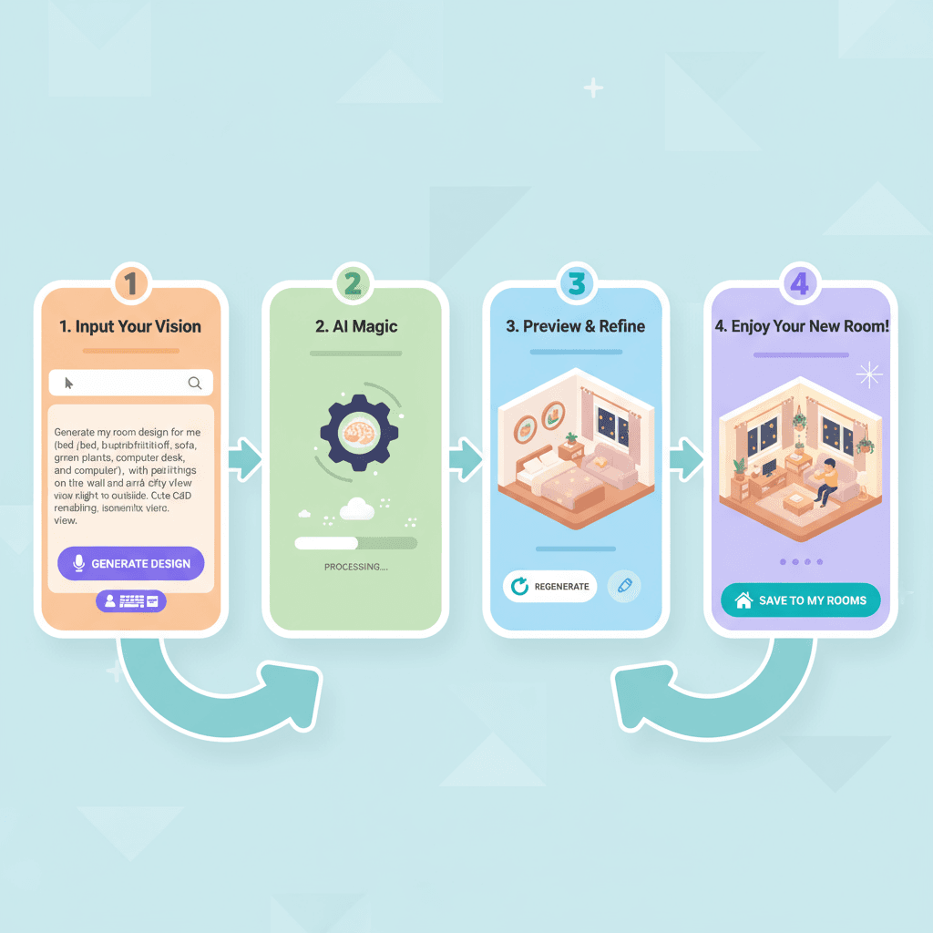 个性化房间设计流程图,展示使用步骤,适合初学者的AI工具,轻松创建可爱3D房间。