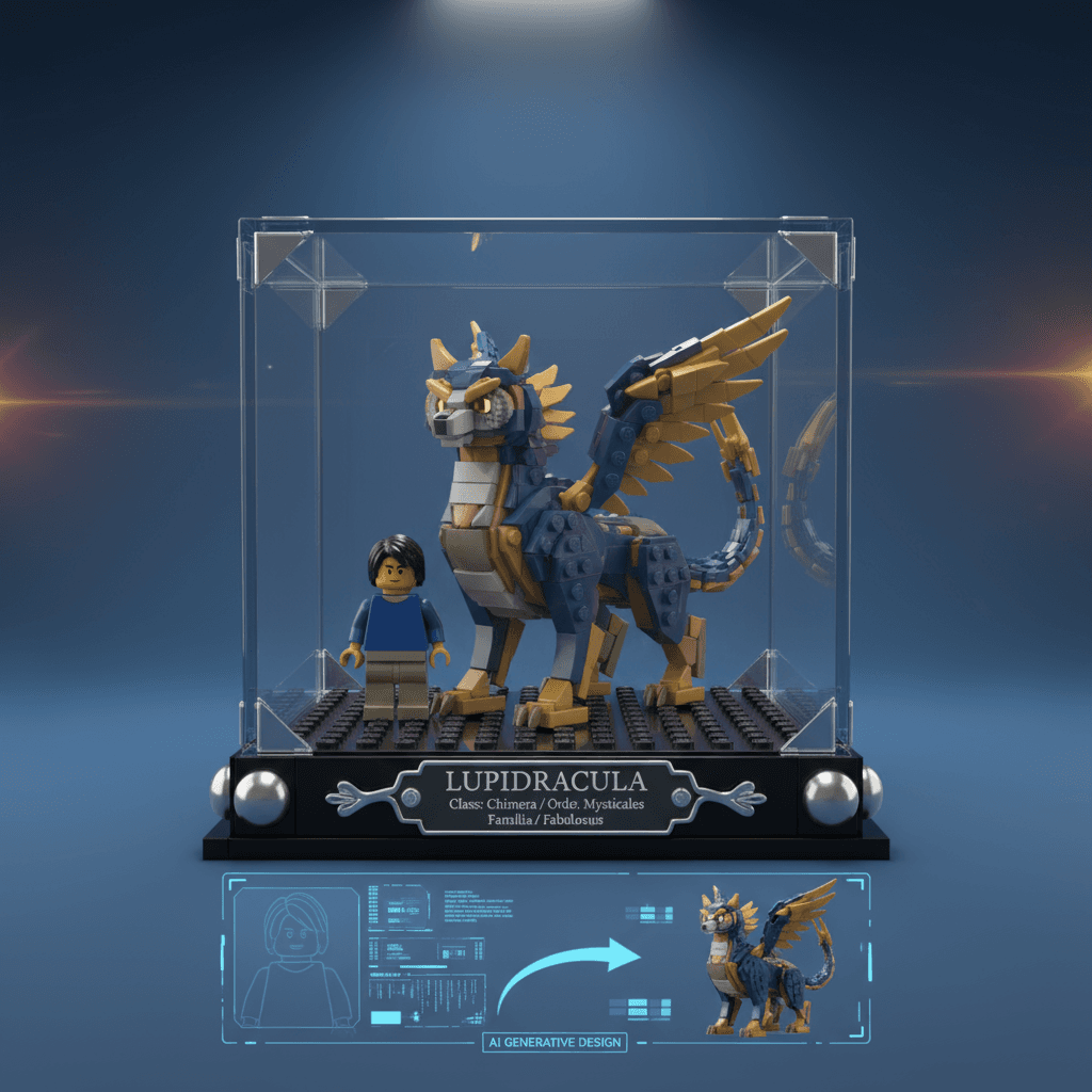 LEGO القابلة للجمع: توليد الذكاء الاصطناعي لشخصية LEGO الكلاسيكية مع حيوان متطابق في مشهد مكعب زجاجي بسيط.