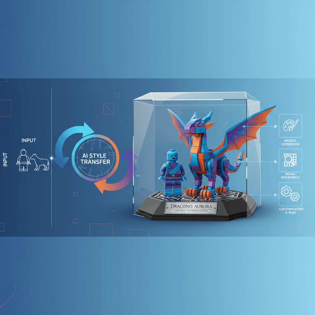 مشهد فني من LEGO featuring minifigure مع حيوان متطابق في مكعب زجاجي، يعرض نقل الأسلوب بواسطة الذكاء الاصطناعي.