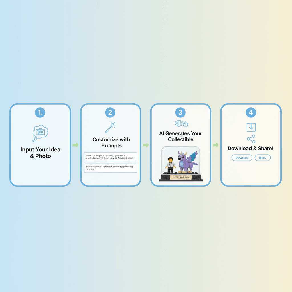 خطوات الاستخدام لأداة الذكاء الاصطناعي: إنشاء مشهد قابل للجمع من LEGO مع شخصية مخصصة وحيوان متطابق في مكعب زجاجي.