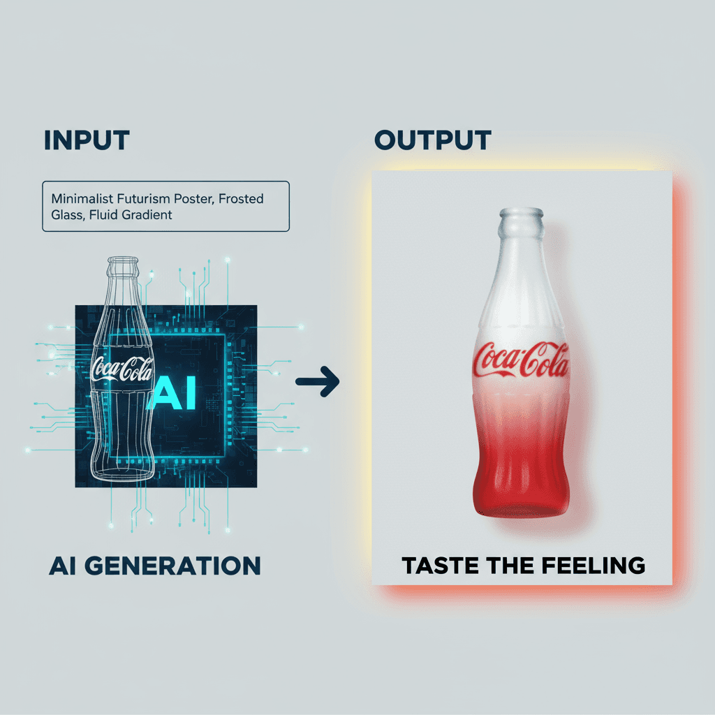 极简未来主义海报,4K分辨率,流体3D metaball呈现可口可乐瓶,磨砂玻璃质感,AI生成。