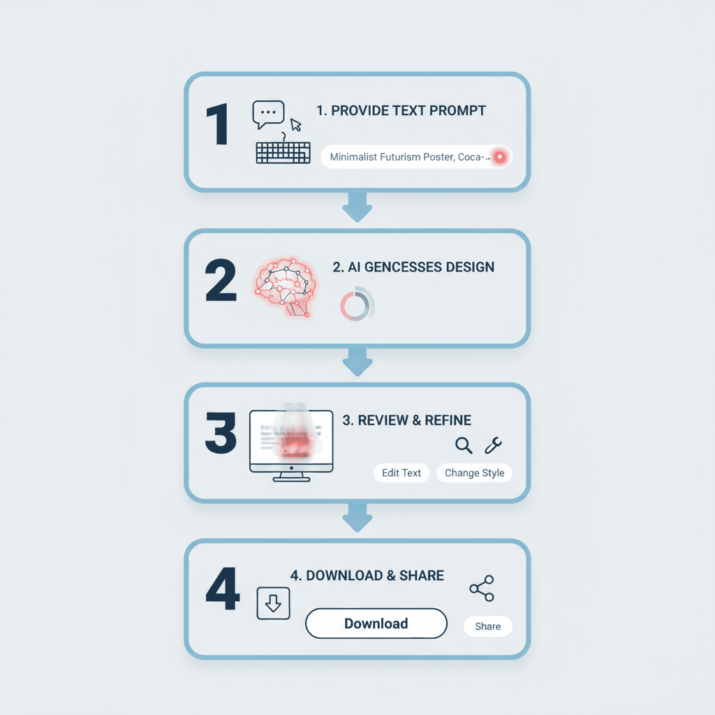 极简未来主义海报,展示使用步骤,工具类别为AI工具,强调易用性与流程指导。
