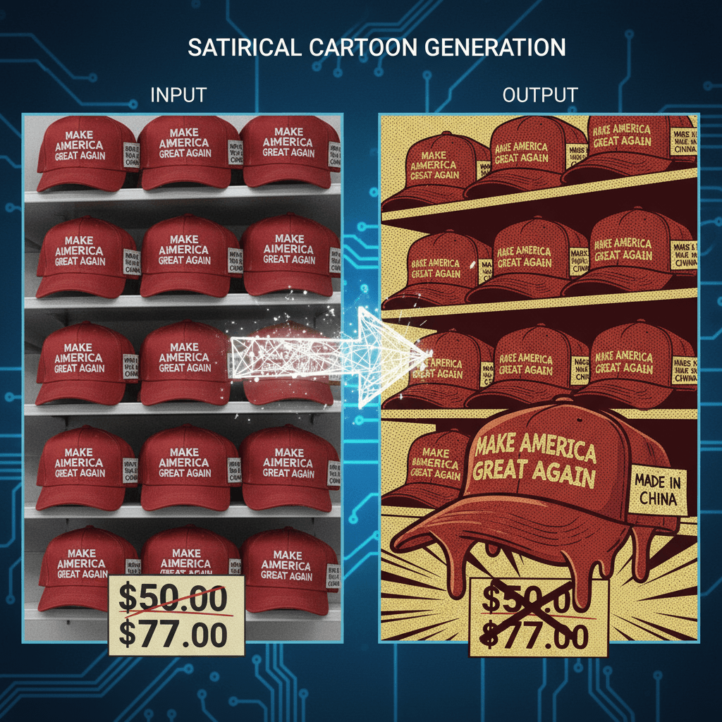 Satirical Comic Generation: AI generation of a vintage comic featuring a close-up of a red 'MAKE AMERICA GREAT AGAIN' cap labeled 'MADE IN CHINA'.