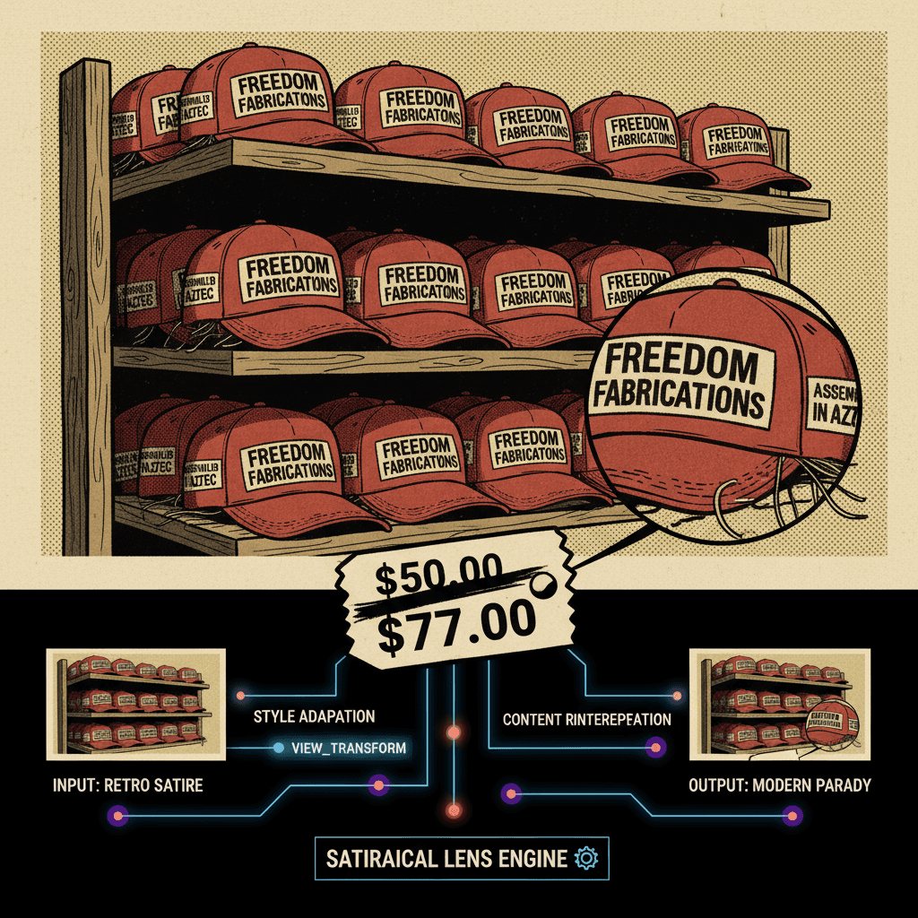 AI-generated satirical comic illustration featuring a red baseball cap with 'MAKE AMERICA GREAT AGAIN' and 'MADE IN CHINA' labels.