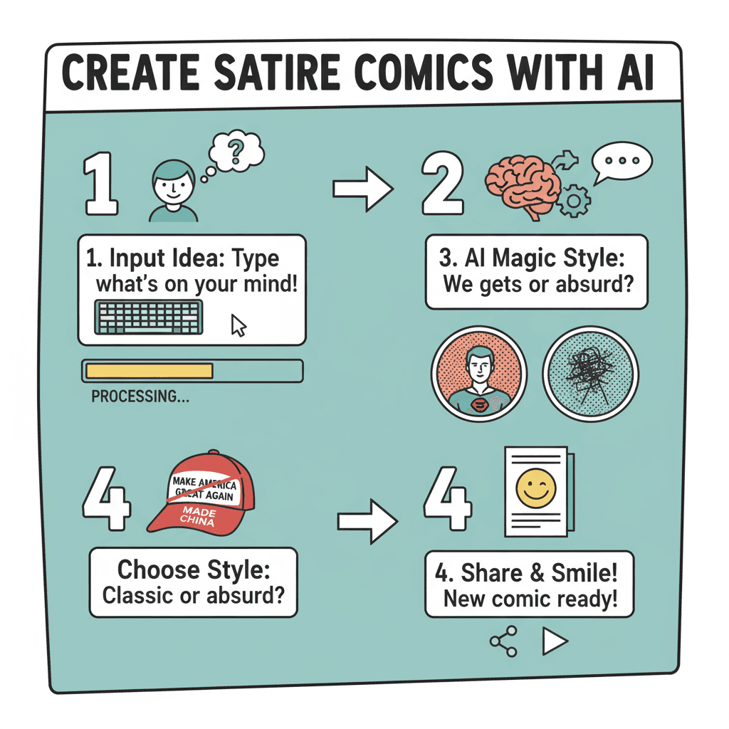 Usage steps for an AI tool to generate satirical comics featuring vintage style and humorous cap imagery.