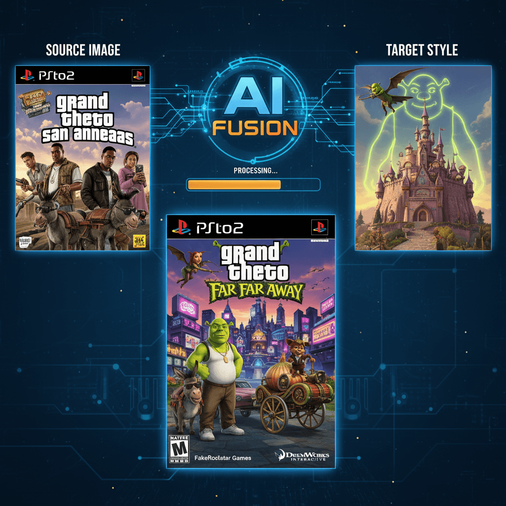 PS2 game cover for 'Grand Theft Auto: Far Far Away', a GTA-style game in the Shrek universe, created with style_transfer AI generation.