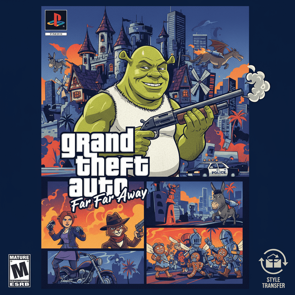Artistic PS2 game cover for "Grand Theft Auto: Far Far Away," blending GTA style with Shrek universe. AI style transfer application.