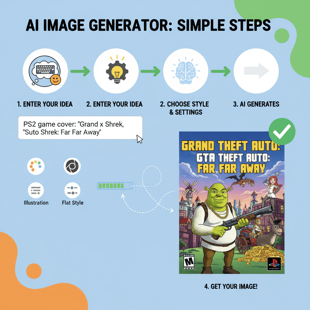 Usage steps for creating a PS2 game cover using an AI tool for 'Grand Theft Auto: Far Far Away', blending GTA and Shrek themes.