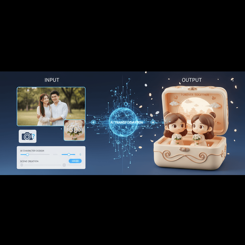 3D Couple Jewelry Box Ornament: AI-generated collectible with Q-style characters in a romantic display box.