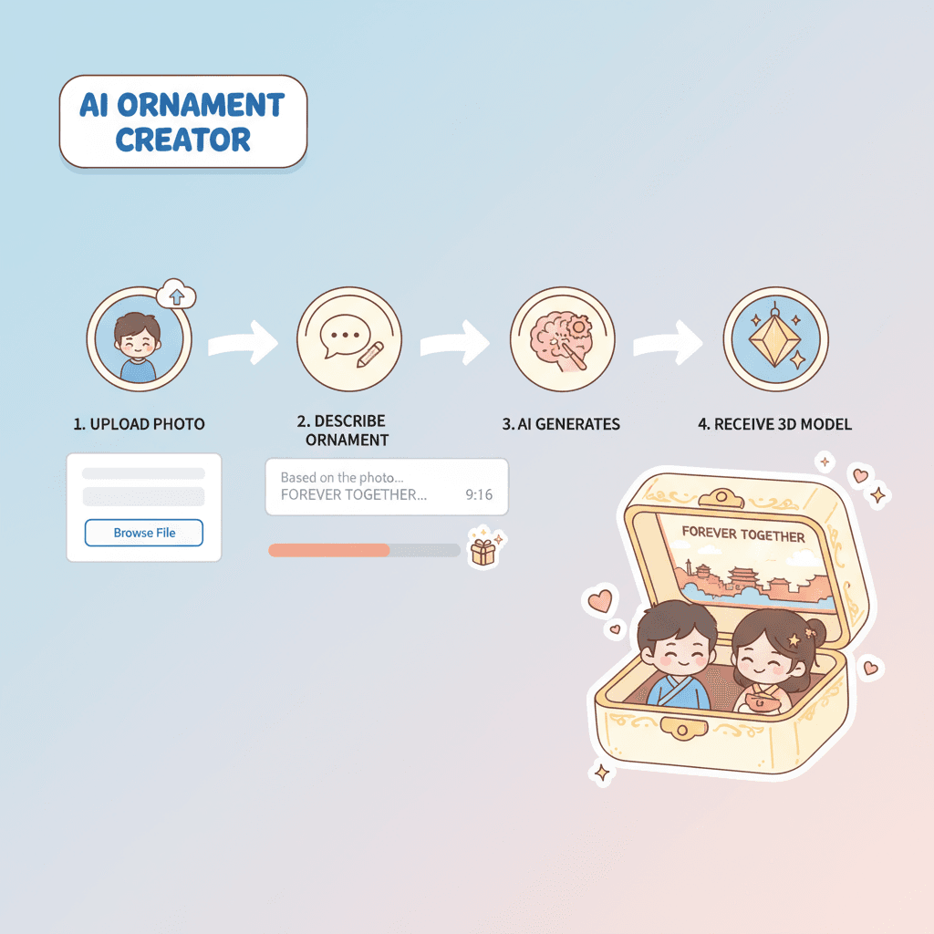 Usage steps for an AI tool to create a romantic 3D couple jewelry box ornament with a charming display.