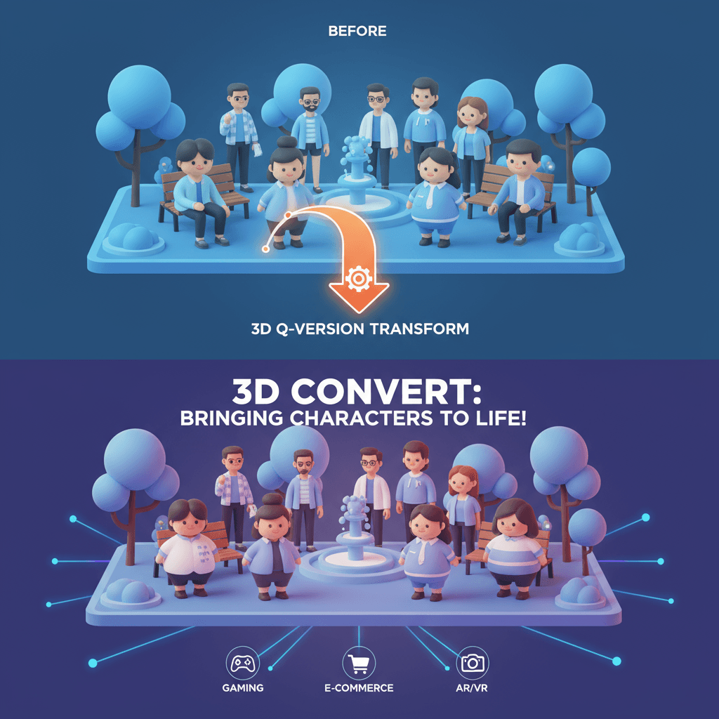 "3D Q版风格艺术配图,AI工具将角色转化为可爱立体形象,保留原场景和服装设计。"