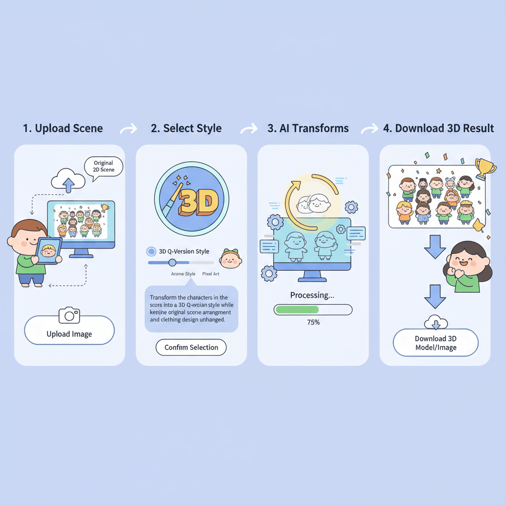 "使用步骤:选择角色并上传场景,应用AI工具轻松转化为3D Q版风格,保持服装与布置不变。"