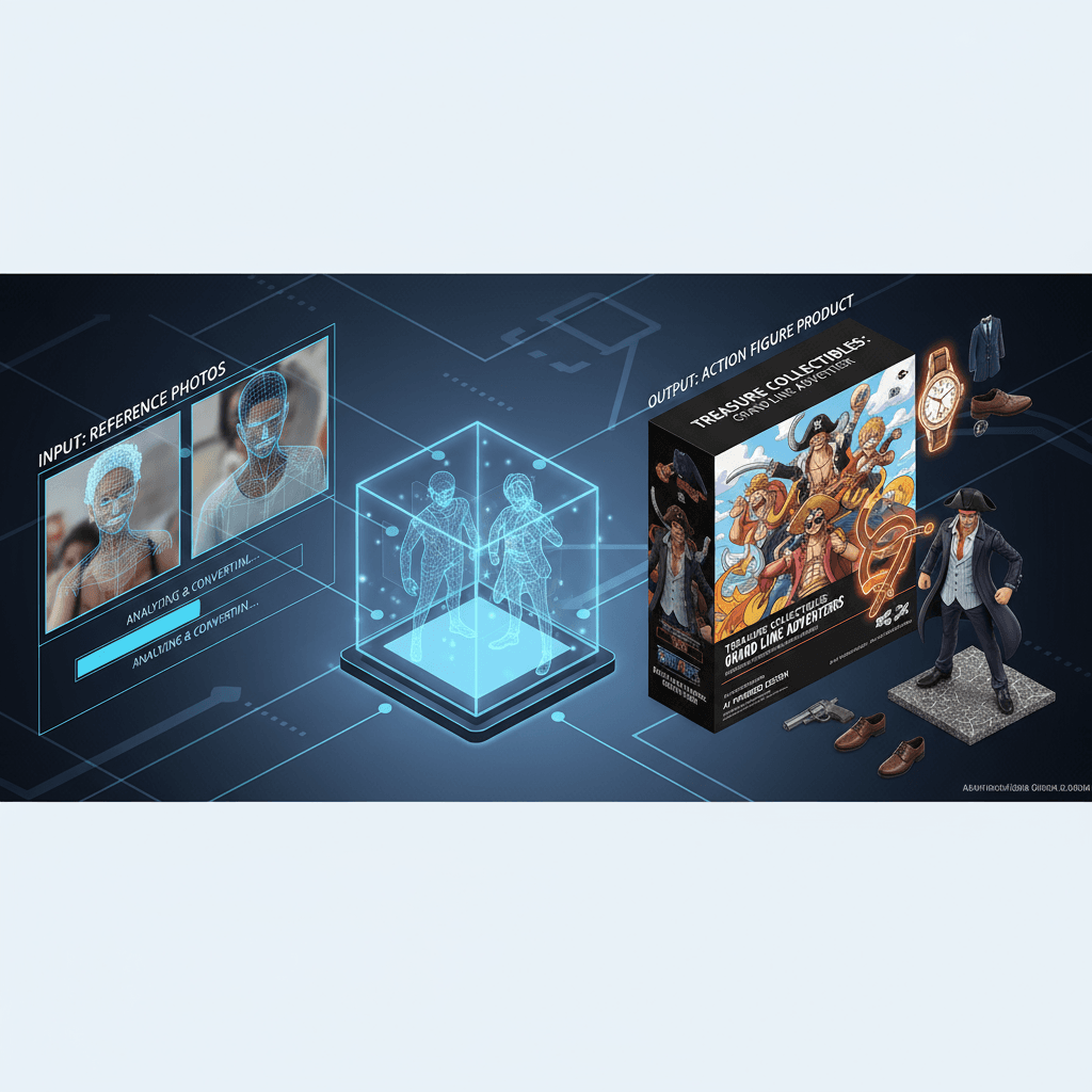 AI生成的3D_convert工具,将人物转化为《海贼王》风格手办包装盒,等距视角展示动漫形象及日常物品。