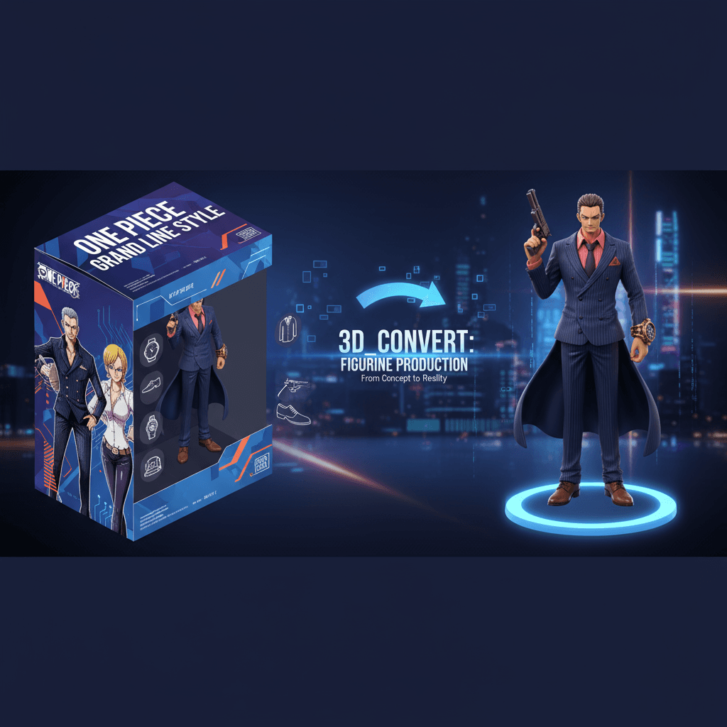 《海贼王》主题手办包装盒,展示基于人物设计的动漫形象,配有日常用品,等距视角,3D转换,AI应用。
