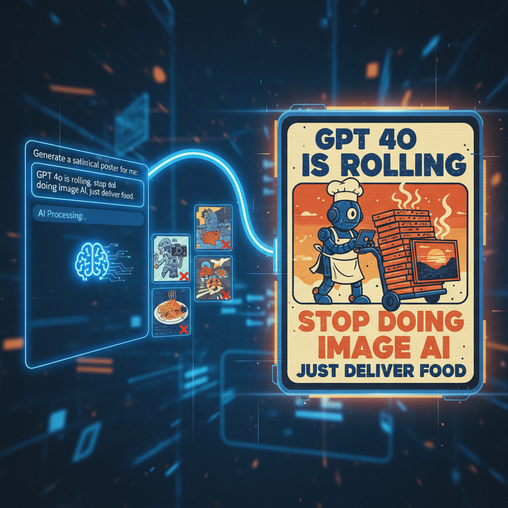 生成讽刺海报的工具GPT 4o,核心功能为AI生成幽默海报,内容涉及图像AI与送外卖。