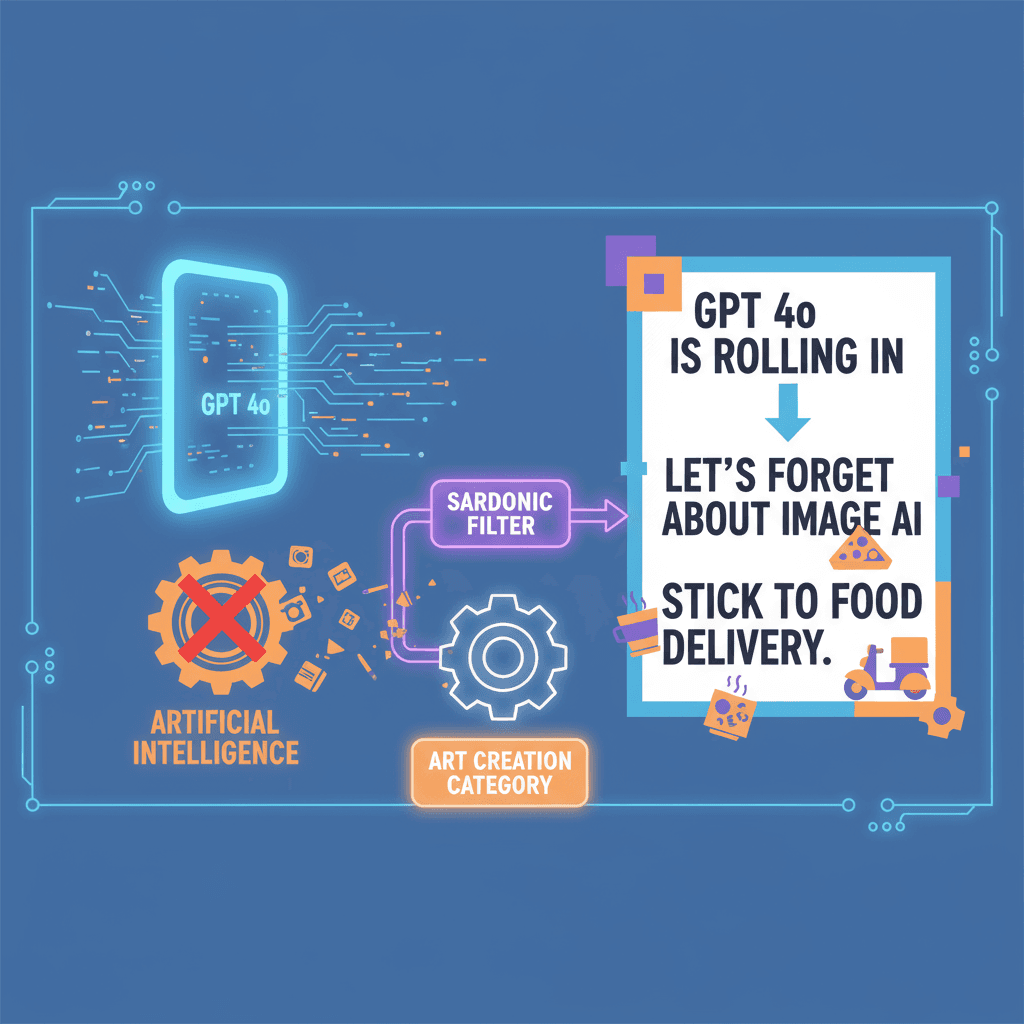 一张讽刺海报,主题为“GPT 4o 狂卷,都别干图像AI了,还是送外卖吧”,展现艺术创作工具的价值