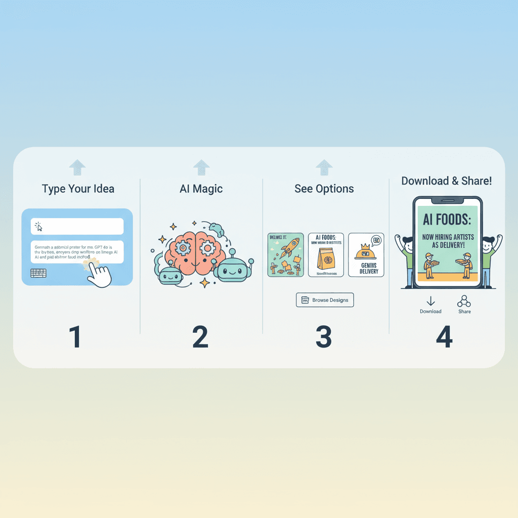 使用步骤展示如何利用AI工具生成讽刺海报,轻松创建“GPT 4o狂卷,别干图像AI,送外卖吧”的创意作品。