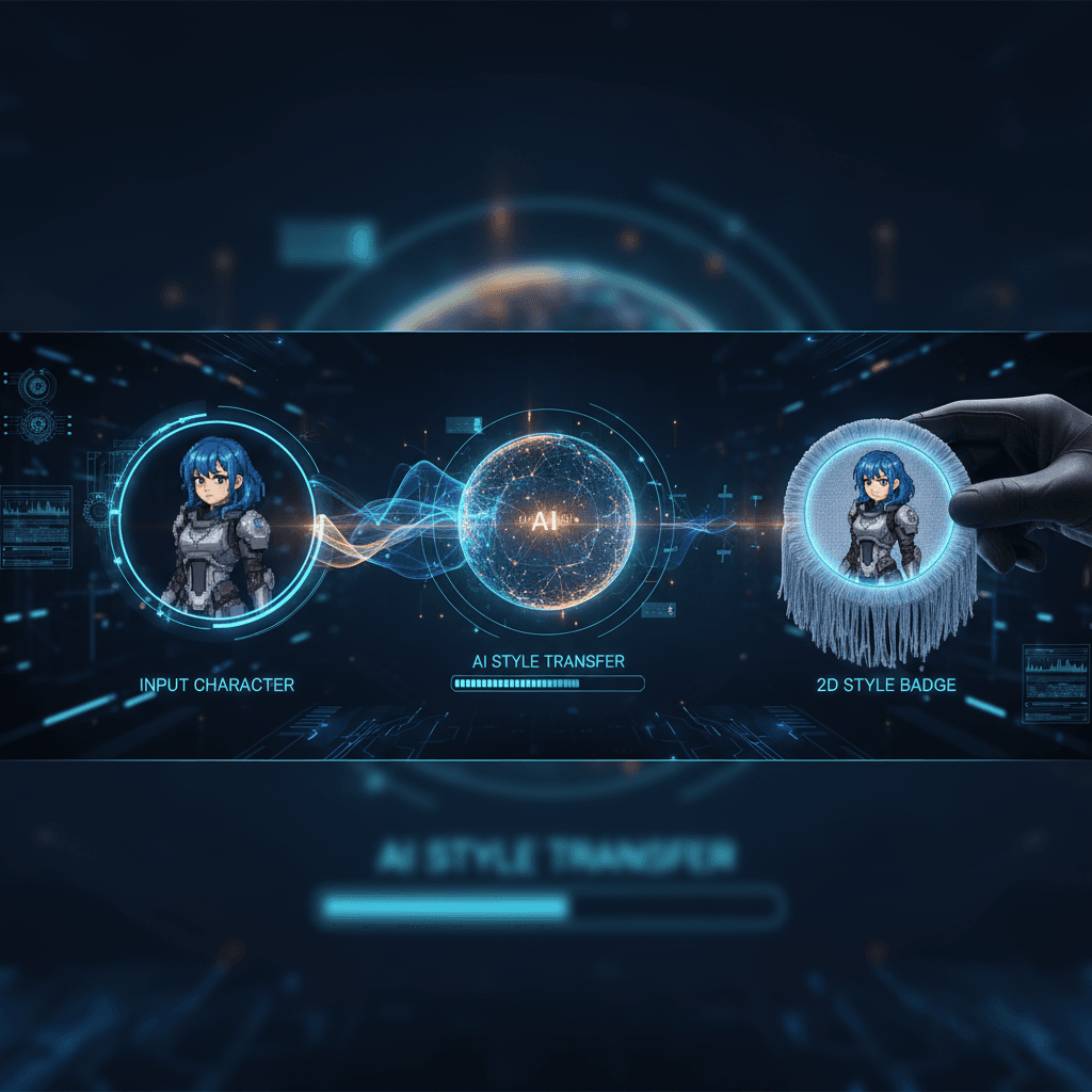 AI生成的二次元风格徽章,圆形流苏材质,手持徽章,展示核心功能。