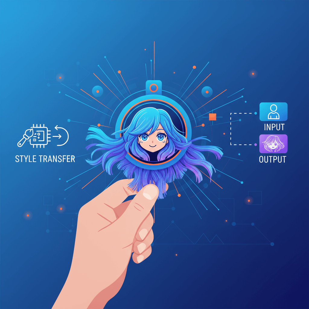 一只手持圆形流苏二次元风格徽章的照片,展示AI在style_transfer中的应用。