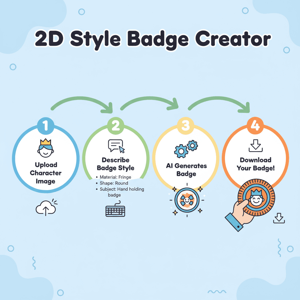 Alt文本:使用步骤:选择流苏材质,设计圆形徽章,生成二次元风格图像,AI工具轻松完成,手持徽章展示效果。
