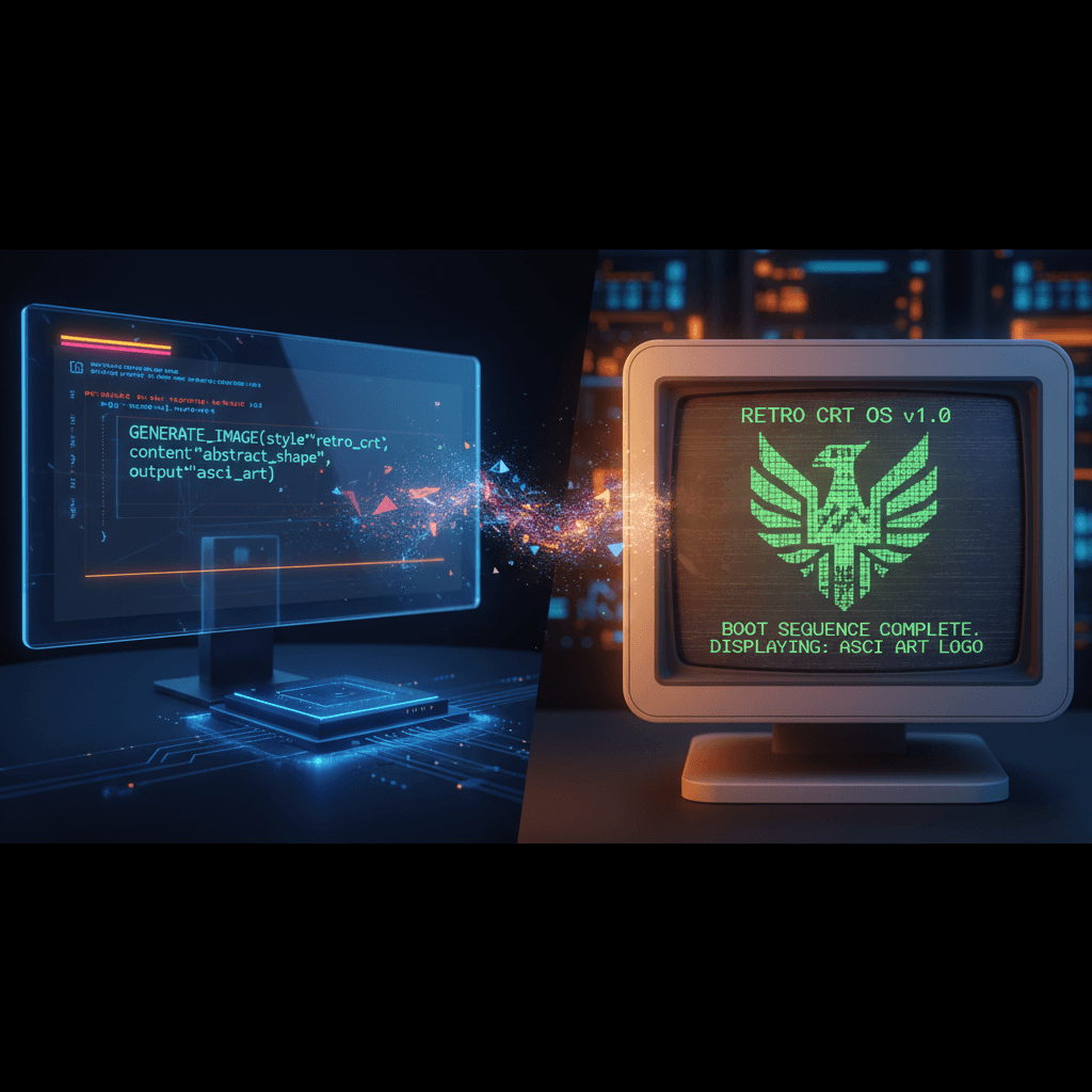 Layar Boot CRT Vintage menampilkan urutan boot komputer retro, yang berubah menjadi logo seni ASCII melalui generasi AI.