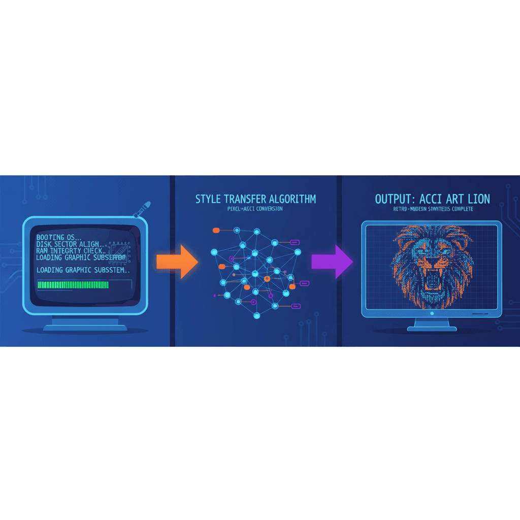 Ilustrasi artistik dari layar boot CRT vintage yang bertransisi menjadi seni ASCII, menampilkan AI dalam aplikasi transfer gaya.