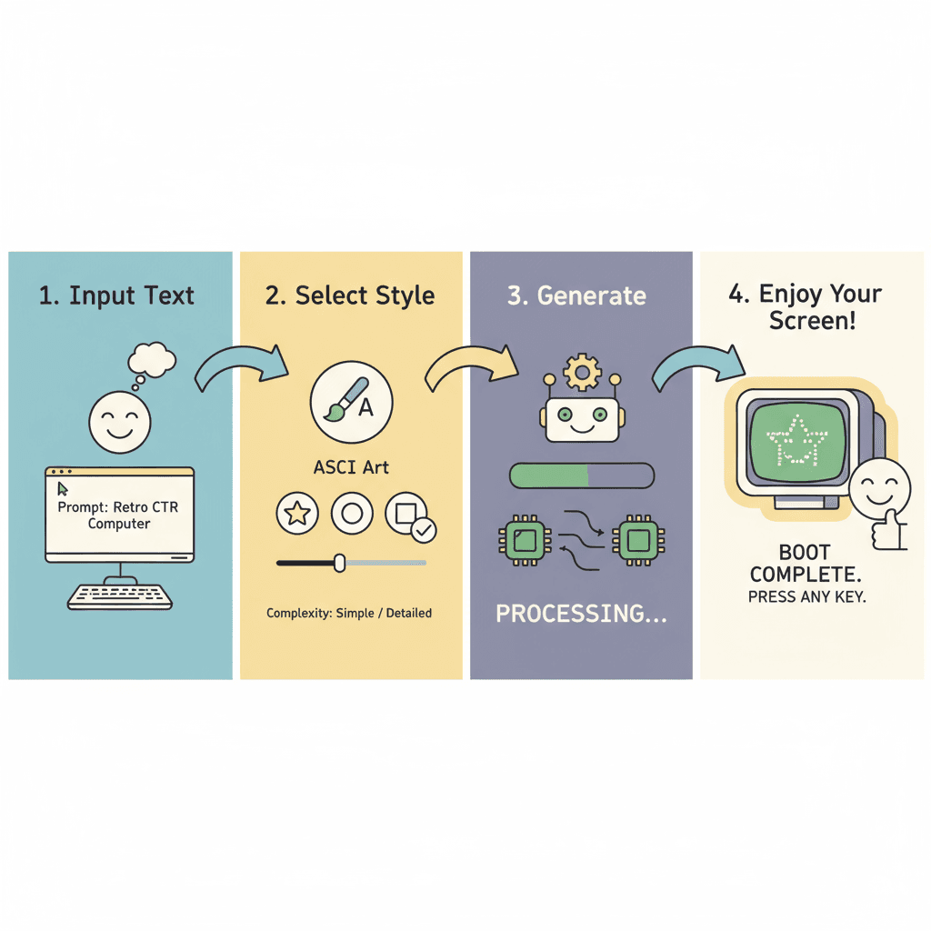 Alt文本:复古CRT电脑启动屏幕流程图,展示使用步骤和AI工具,轻松生成ASCII艺术形状或标志。