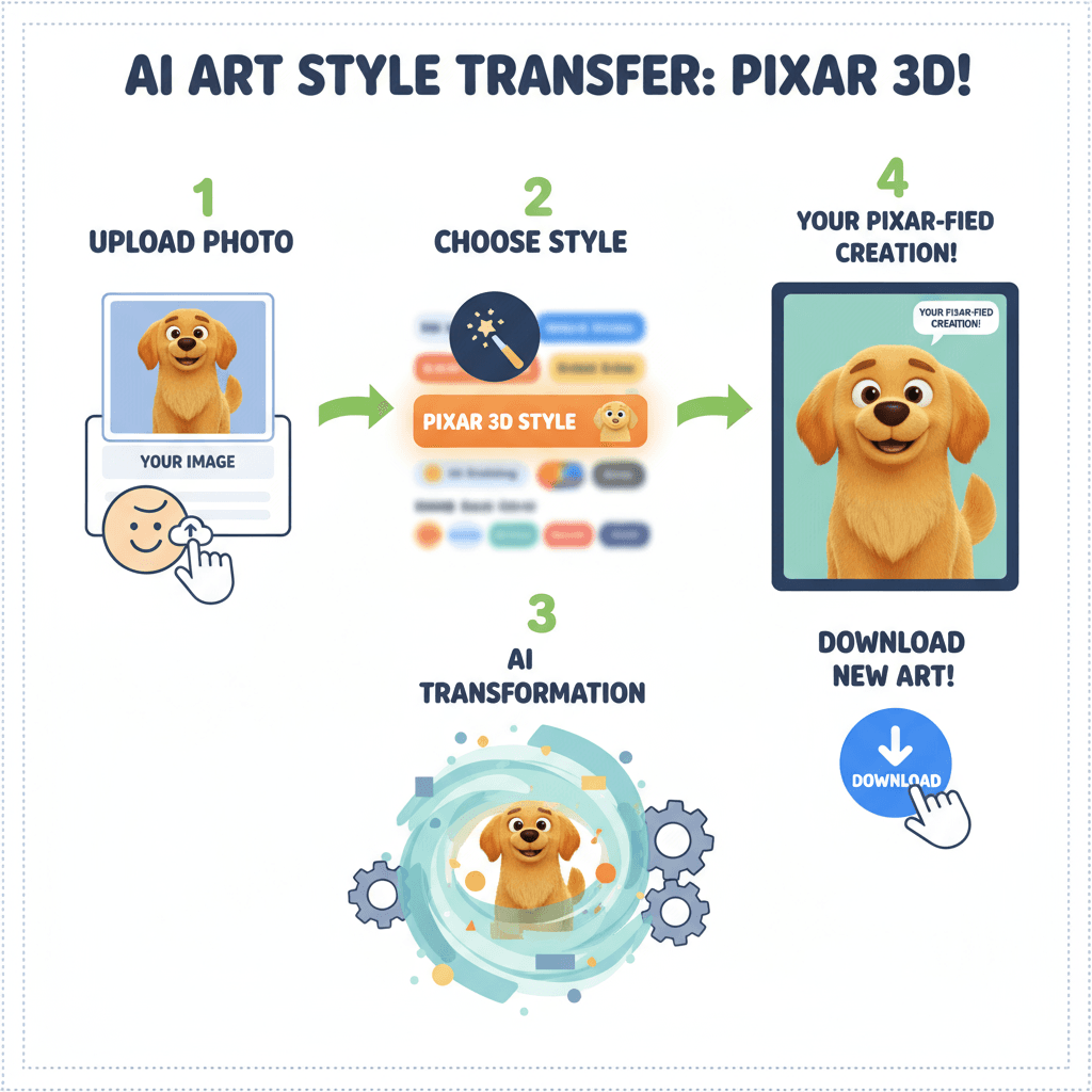 使用步骤:通过AI工具轻松将照片重绘为皮克斯3D风格,简单易上手。