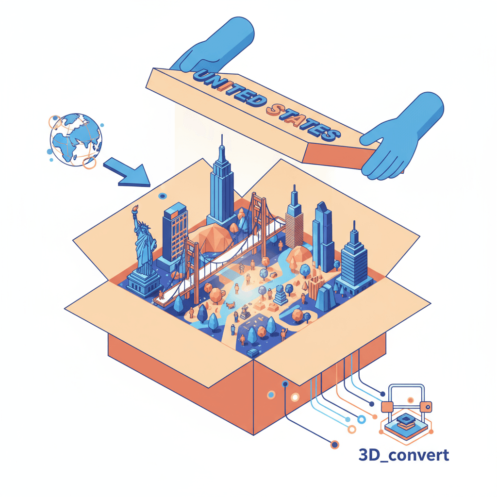 一张超写实的3D打印立体模型图,展示米色盒子内的国家微缩景观,包含地标和人物模型,展现AI在艺术创