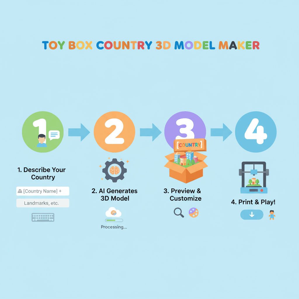 Alt文本:使用步骤:通过AI工具轻松创建国家立体模型,展示米色盒子中的微缩景观与人物。