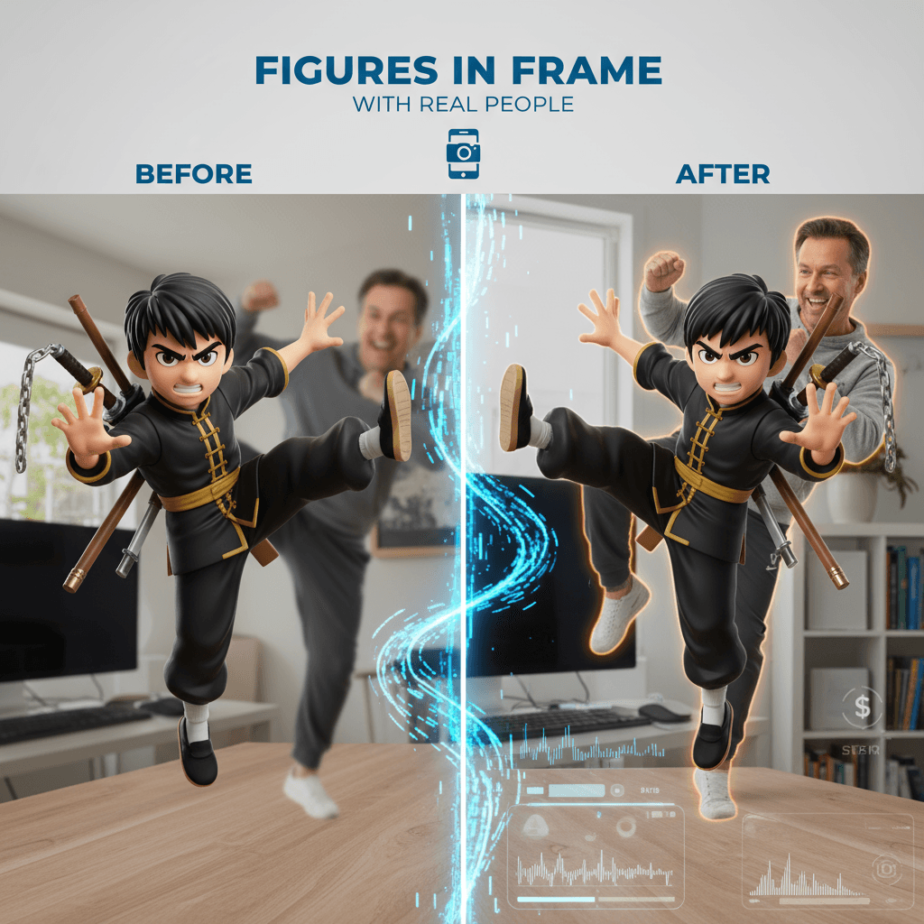 手机随手拍摄的日常风格,成龙动漫手办与真人同框,动作相似,传递温暖生活气息,使用3d_convert AI生成。