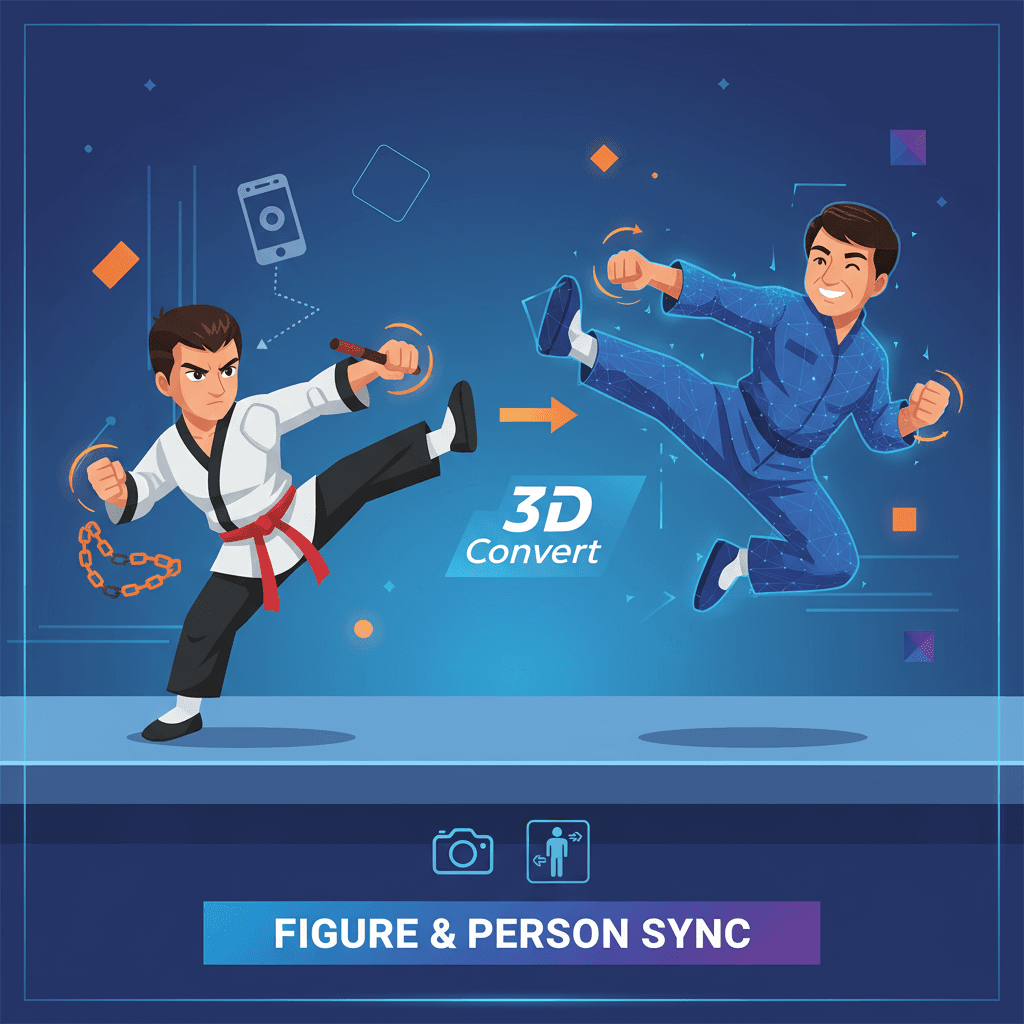 一款成龙动漫手办与真实成龙同框,动作相似,展现生活气息,使用3D转换AI工具拍摄。