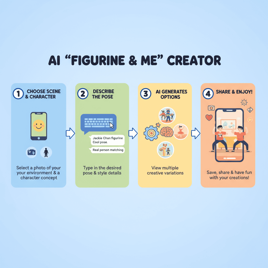 使用步骤:用手机拍摄桌面上成龙动漫手办与真人同框,轻松创建有趣对比,享受AI工具带来的便捷体验。