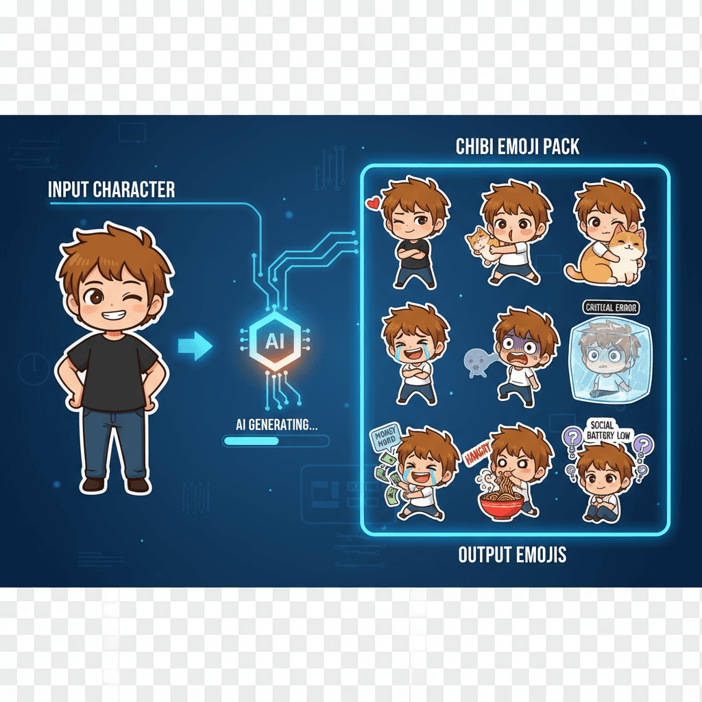 Q版角色表情包,AI生成的9个独特表情,色彩鲜艳,透明背景,3x3网格,展现多样情感与风格