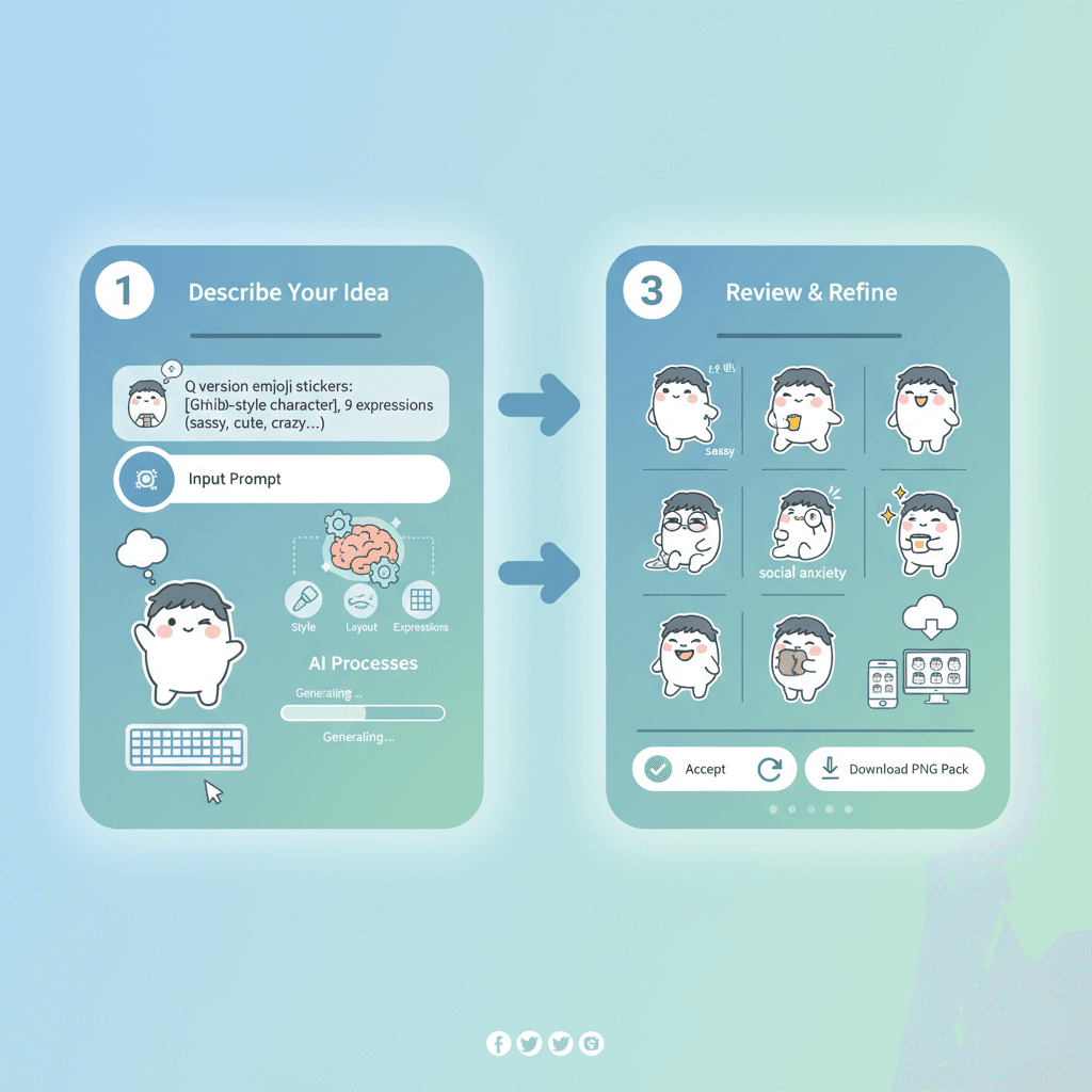 使用步骤:选择角色,生成9个Q版表情包,排列成3x3网格,透明背景,卡通风格,色彩鲜艳,适合社交