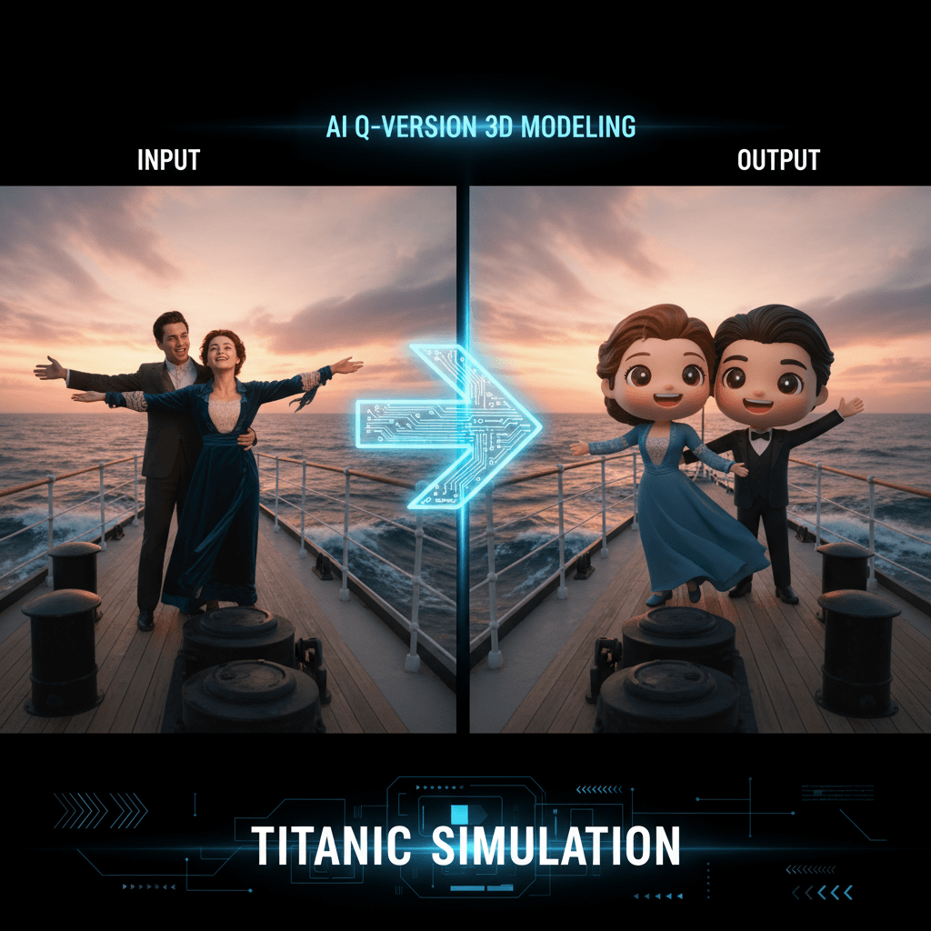 《泰坦尼克号》模仿,AI生成可爱Q版3D人物,男士搂着女士,黄昏海景中展现自由畅快。