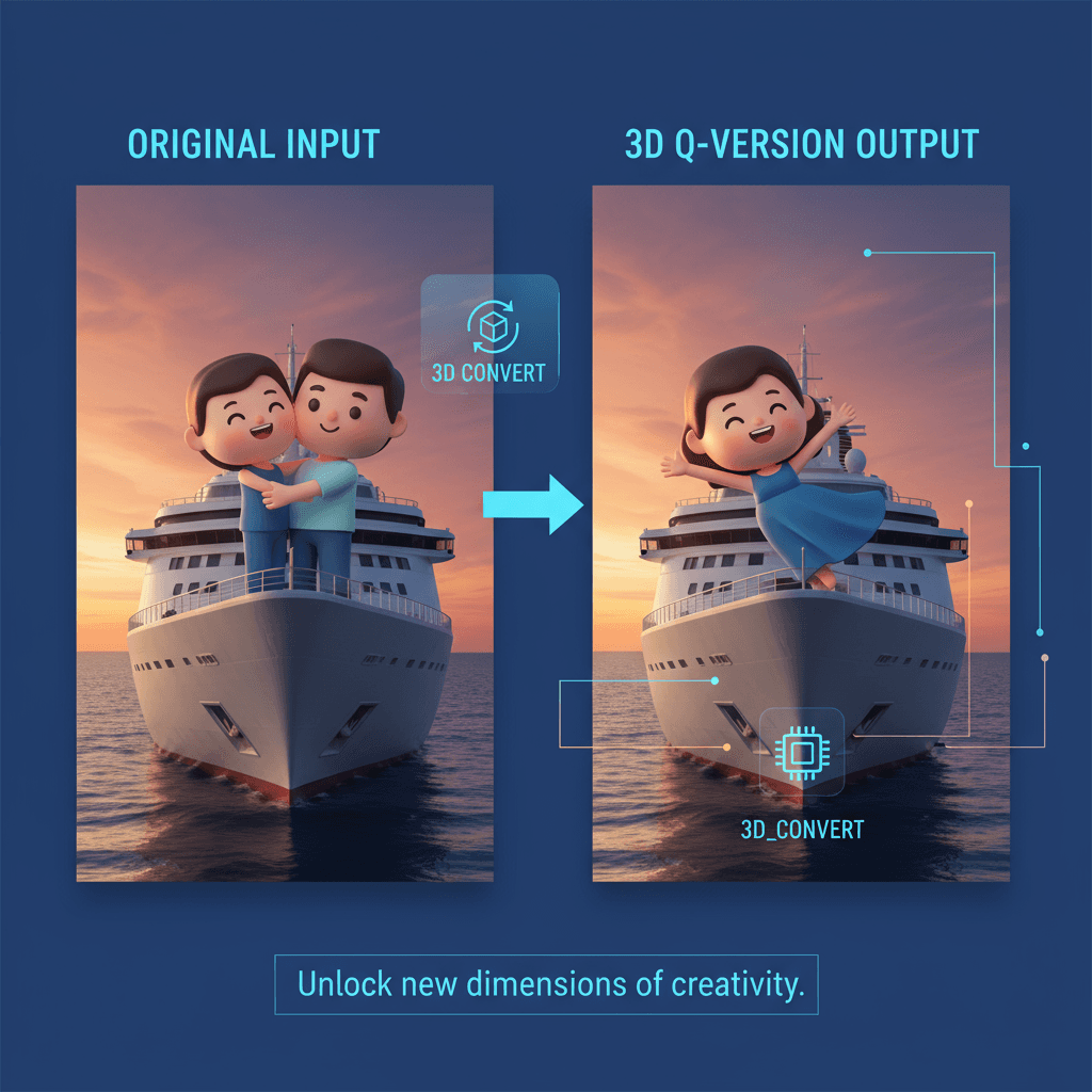 一对可爱Q版3D角色在泰坦尼克号船头,男士拥抱女士,黄昏海景背景,展现自由与畅快。