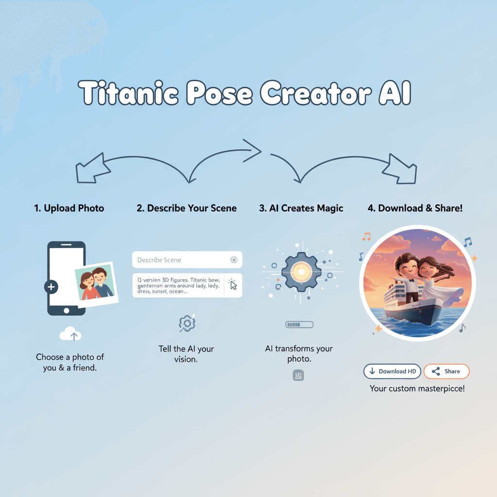 使用步骤:选择人物,应用可爱Q版风格,生成3D造型。使用AI工具轻松创建《泰坦尼克号》场景。