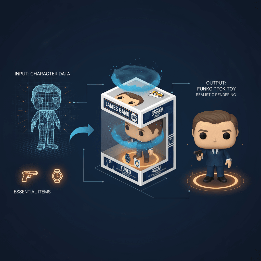 Creación de Figura Funko Pop: la generación de IA transforma una foto en una figura temática de James Bond en vista isométrica con elementos esenci…