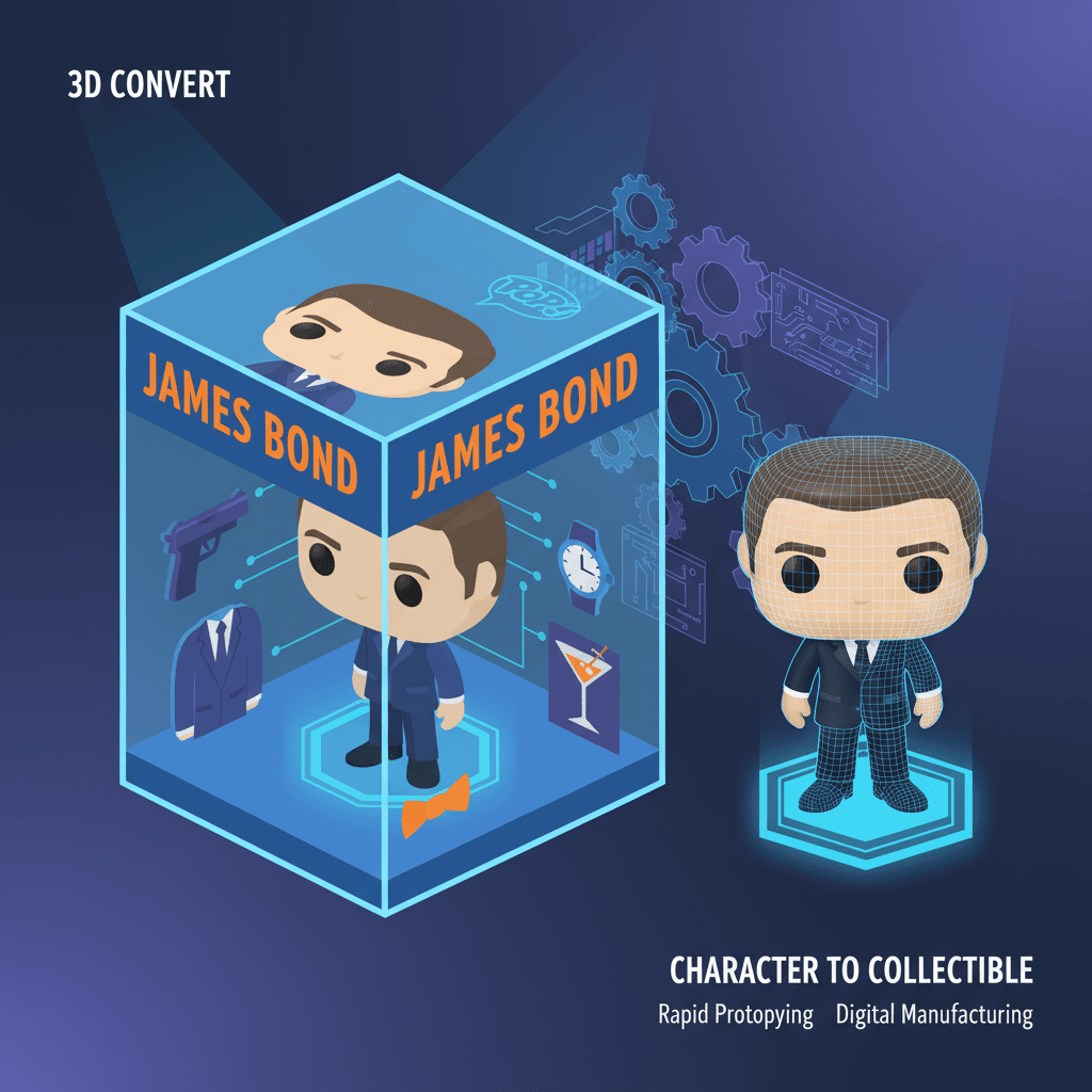 Ilustración AI 3D_convert de una figura Funko Pop estilizada como "JAMES BOND," con accesorios esenciales y una figura realista.