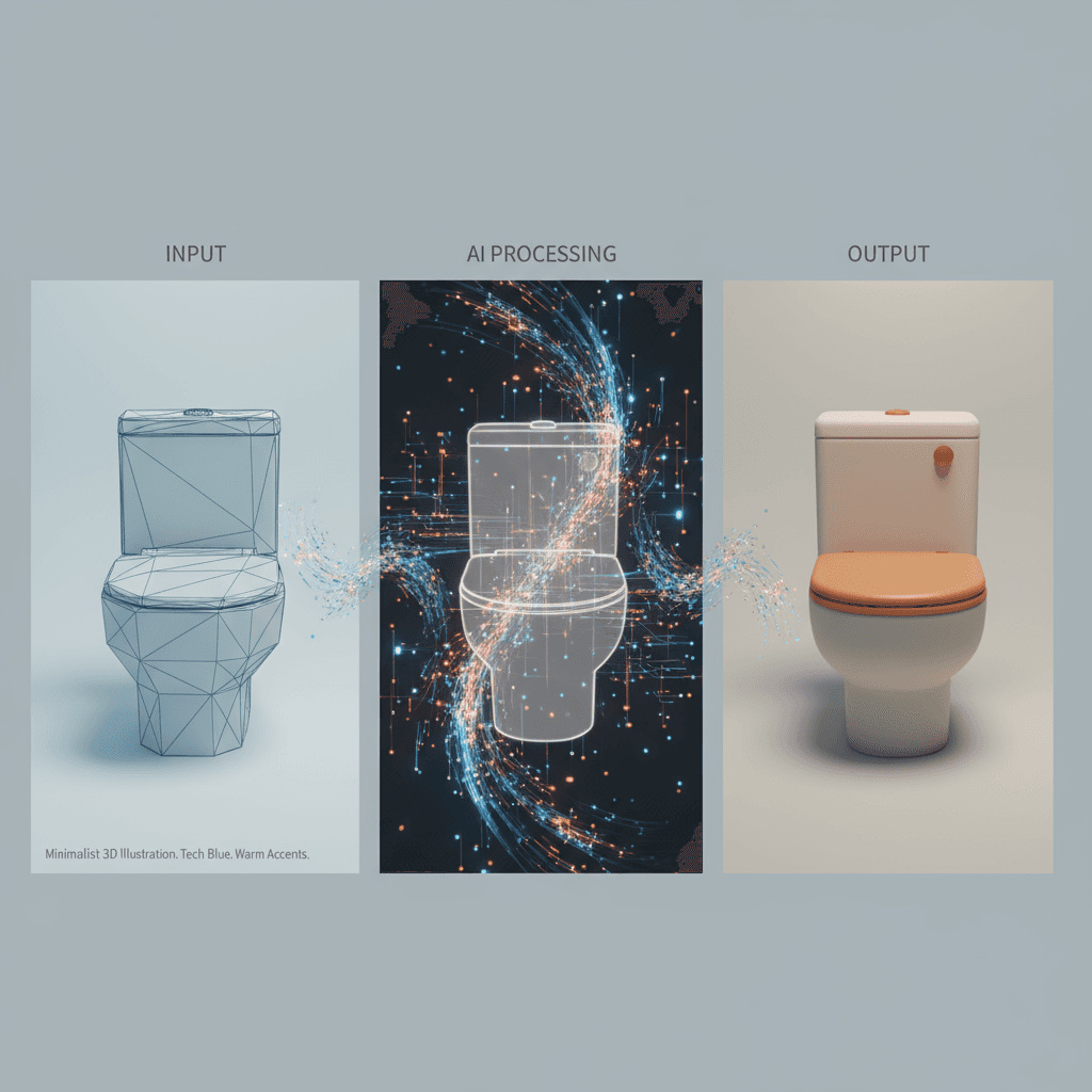 Minimalist 3D Illustration tool generates a toilet design through AI generation using custom JSON configuration.