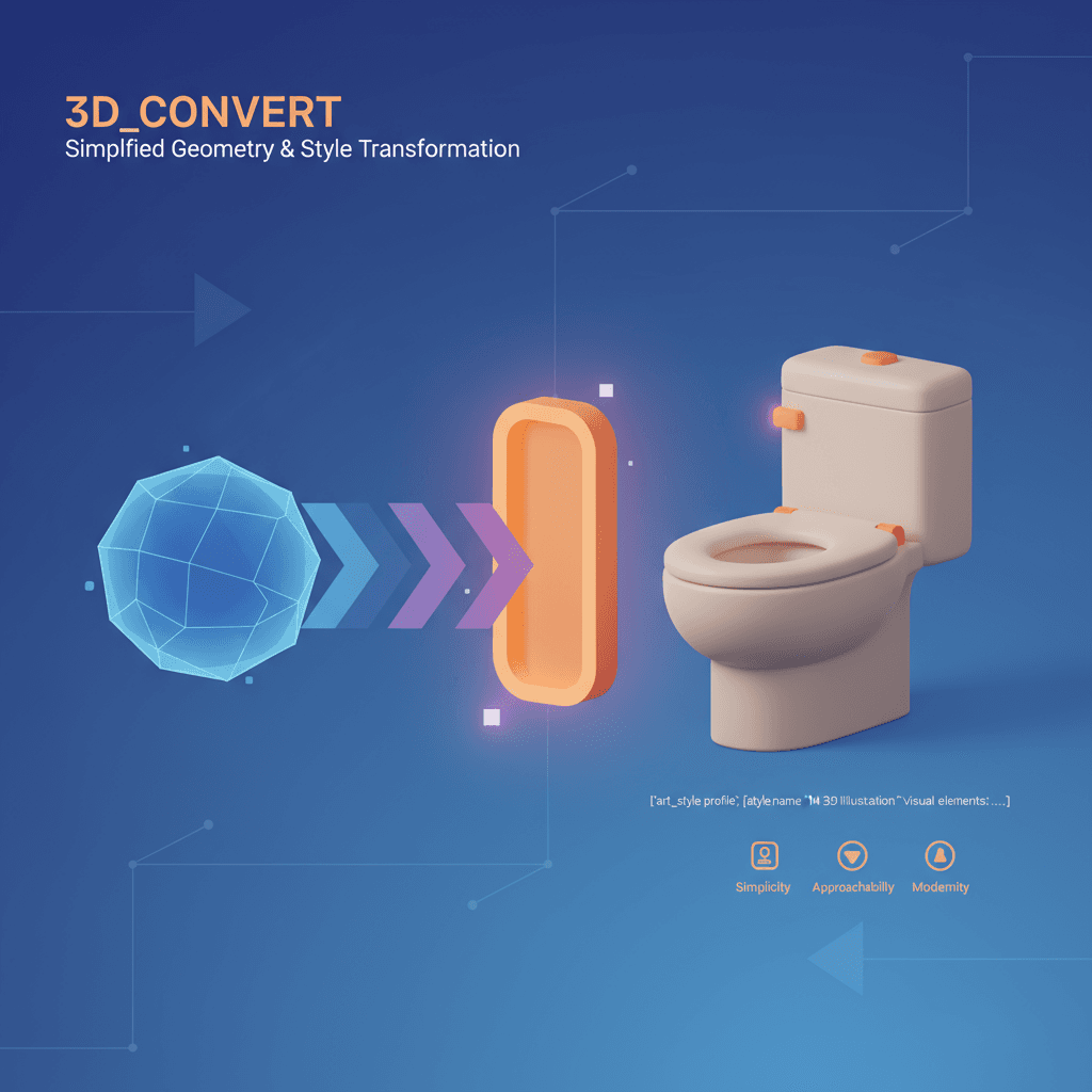 Alt text: "Minimalist 3D illustration of a toilet, showcasing AI's capability in converting simple designs into functional art."