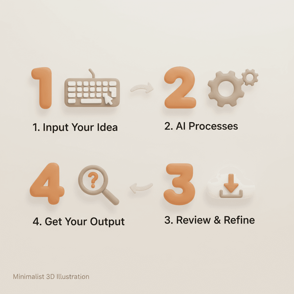 "Workflow diagram showing usage steps for an AI tool in the Minimalist 3D Illustration category to generate a toilet."