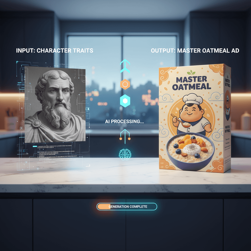 Chibi 3D cereal ad featuring "Master Cereal" with unique mix and packaging design, AI generation by 3d_convert, set in a kitchen.