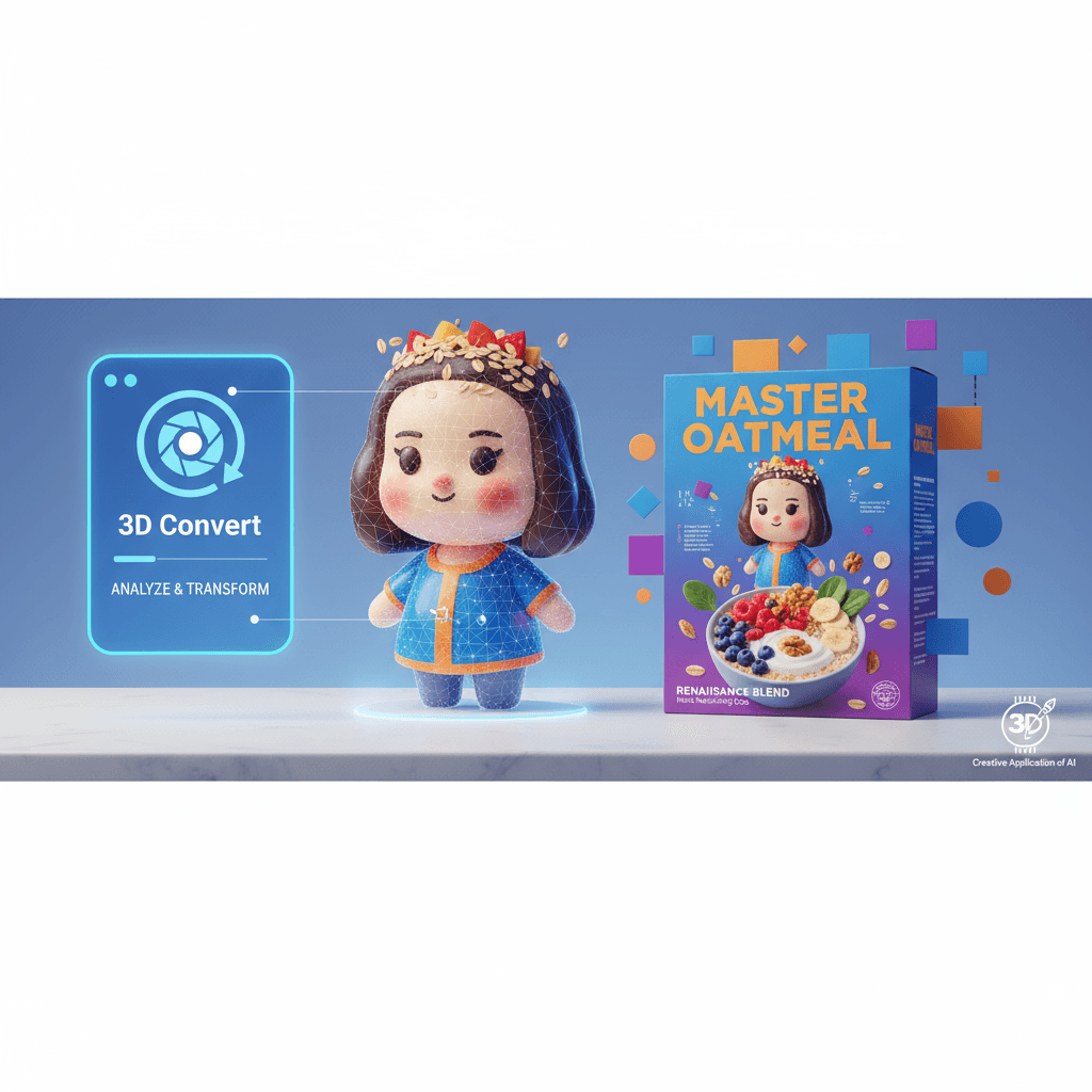 Chibi 3D character cereal ad featuring a famous painting figure as "Master Cereal" in a stylish kitchen setting. AI-generated.